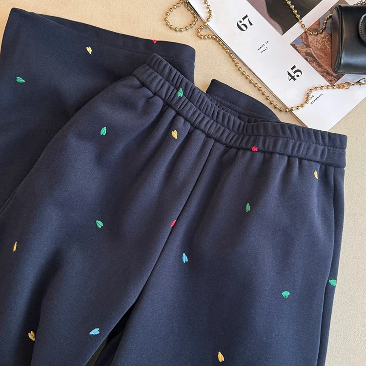 Design sense contrasting color embroidery casual pants women in winter elastic waist straight high waist wide leg pants