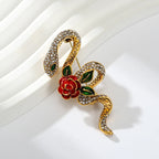 PENDRA Rhinestone Rose-flower Snake Brooch