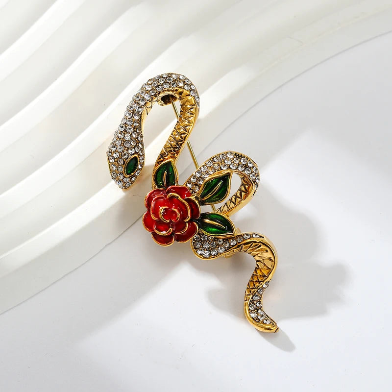 Wuli&baby Rhinestone Rose-flower Snake Brooches For Women Men 3-color Lovely Animal Party Brooch Pins Gifts