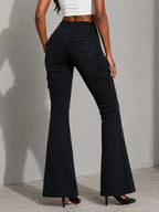 Women's High-quality Stretch Vintage Washed Cargo Flare Jeans, Y2K Style, Casual and Versatile, Suitable for All Seasons