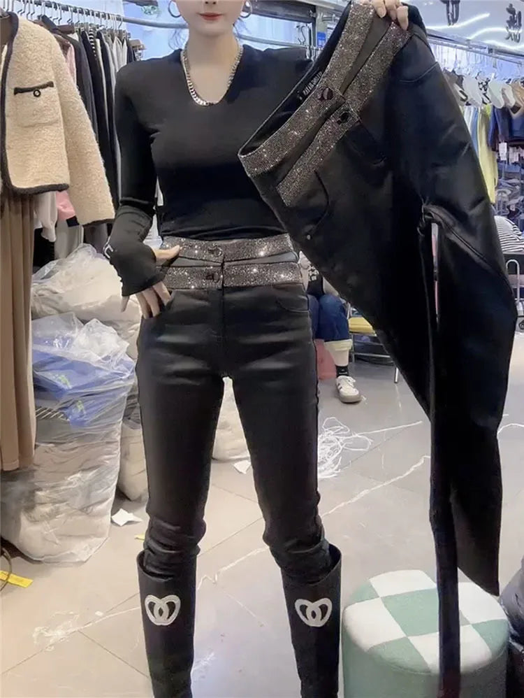 PENDRA Waist Leather Diamond Pants
