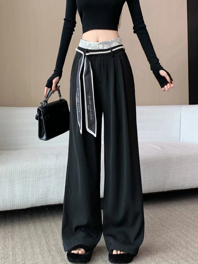 PENDRA Lace Panel High Waist Wide Leg Suit Pants