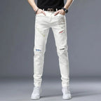 Spring Summer White Hot Drill Ripped Cowboy Korean Style Streetwear Men Washed Luxury Holes Slim Hip-hop Stylish Jeans Trousers
