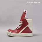 PENDRA Crimson Geobasket Red Leather High-Top Zip Lace-Up Thick-Sole Ankle Boots