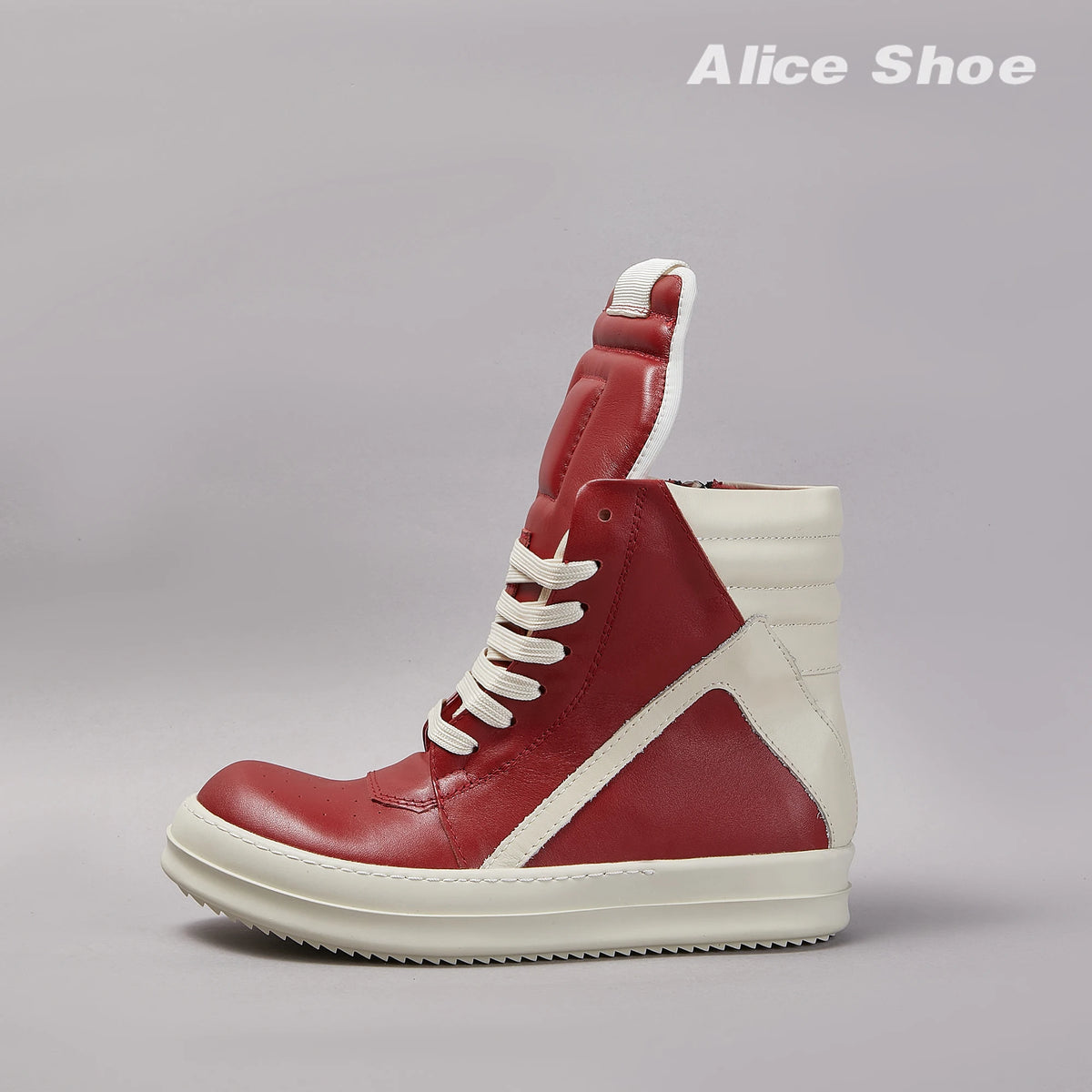 PENDRA Crimson Geobasket Red Leather High-Top Zip Lace-Up Thick-Sole Ankle Boots