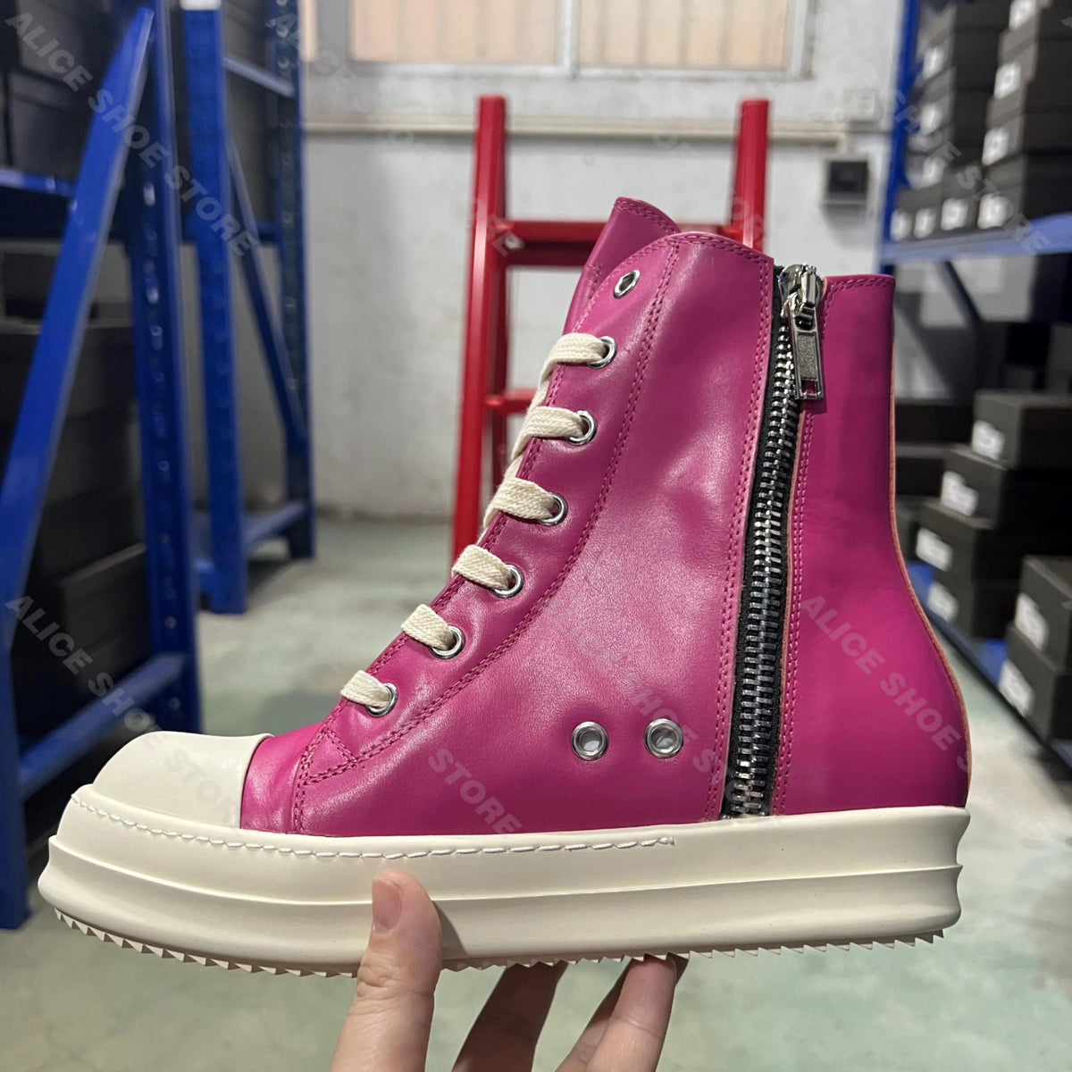 PENDRA Rose Titan Pink Genuine Leather High-Top Zip Thick-Sole Ankle Boots