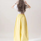 Milk yellow lace patchwork ripped jeans women's summer new high waisted drawstring star embroidered design wide leg pants
