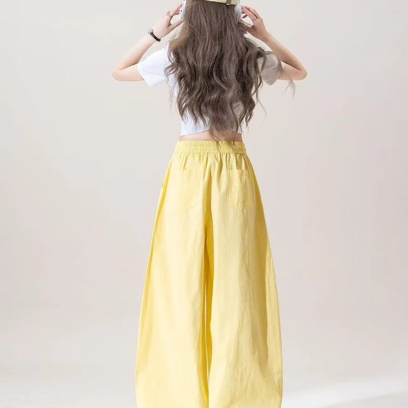 Milk yellow lace patchwork ripped jeans women's summer new high waisted drawstring star embroidered design wide leg pants