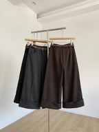Retro design with rolled edge high waist casual pants 2025 autumn new slim fit and versatile wide leg pants for women