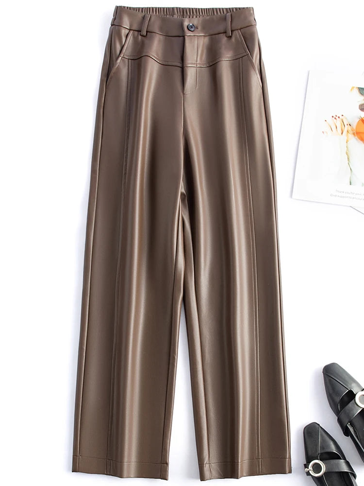 2025 autumn and winter new style leather pants elastic high waisted slim fit commute straight leg pants for women