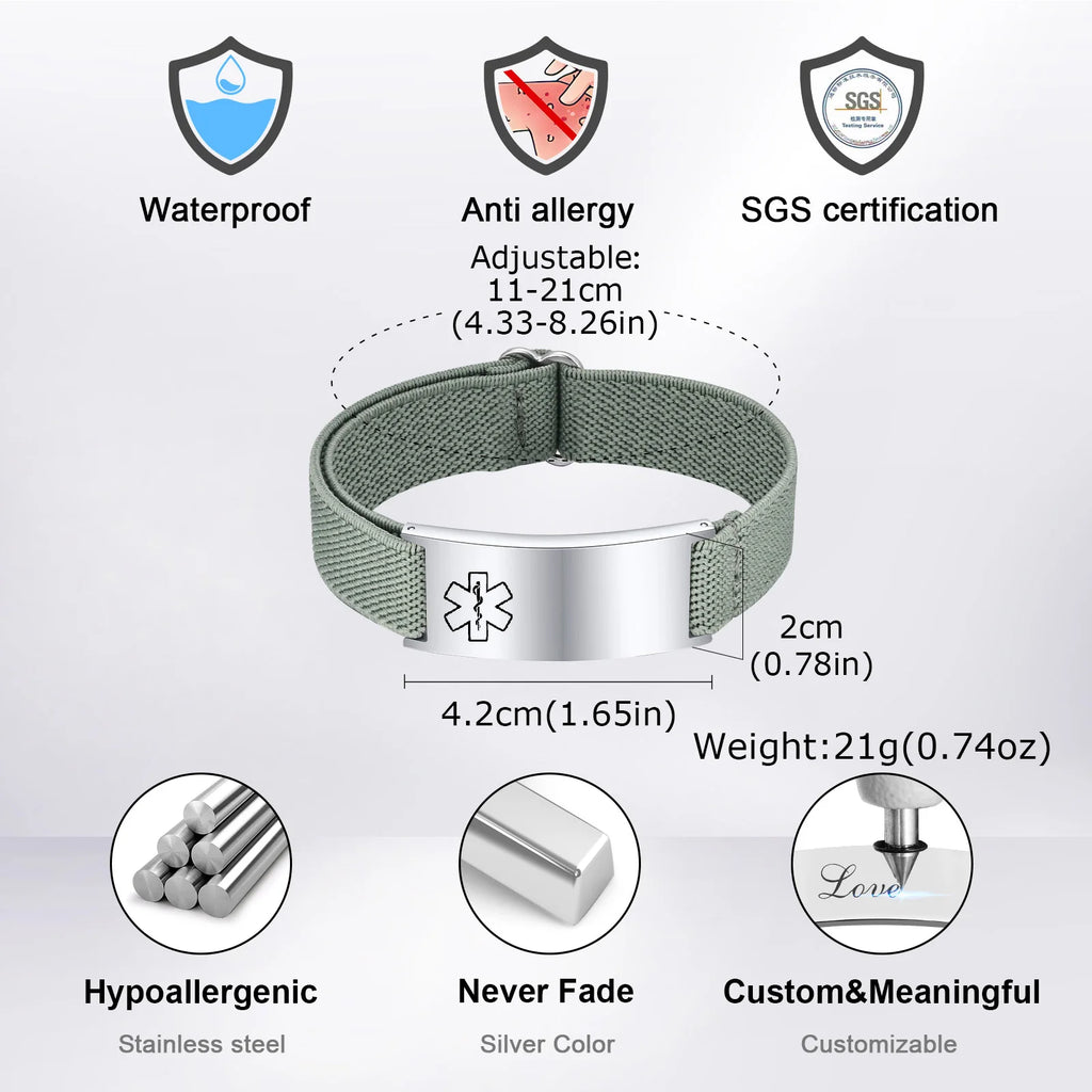 Medical Alert Bracelet for Men Women,Personalized Stainless Steel Elastic Strap Wristband,Gifts for Family Grandparents Patient