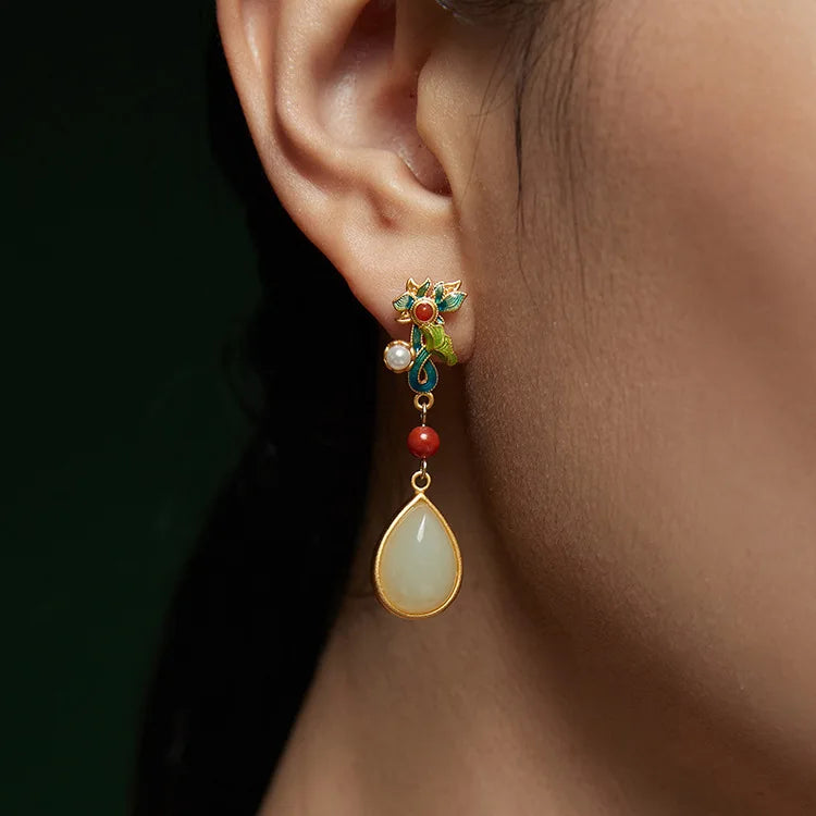 VENTFILLE Hetian Jade Ear Hook Earring Women's High-end Temperament Ethnic Style Retro Earrings Cloisonne Craft Dangler Gift