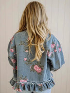 New Women's Retro Washed Floral Print Denim Jacket, Long-sleeved, Collared, Ruffled Hem, Short Jacket, Summer outfits for womener.