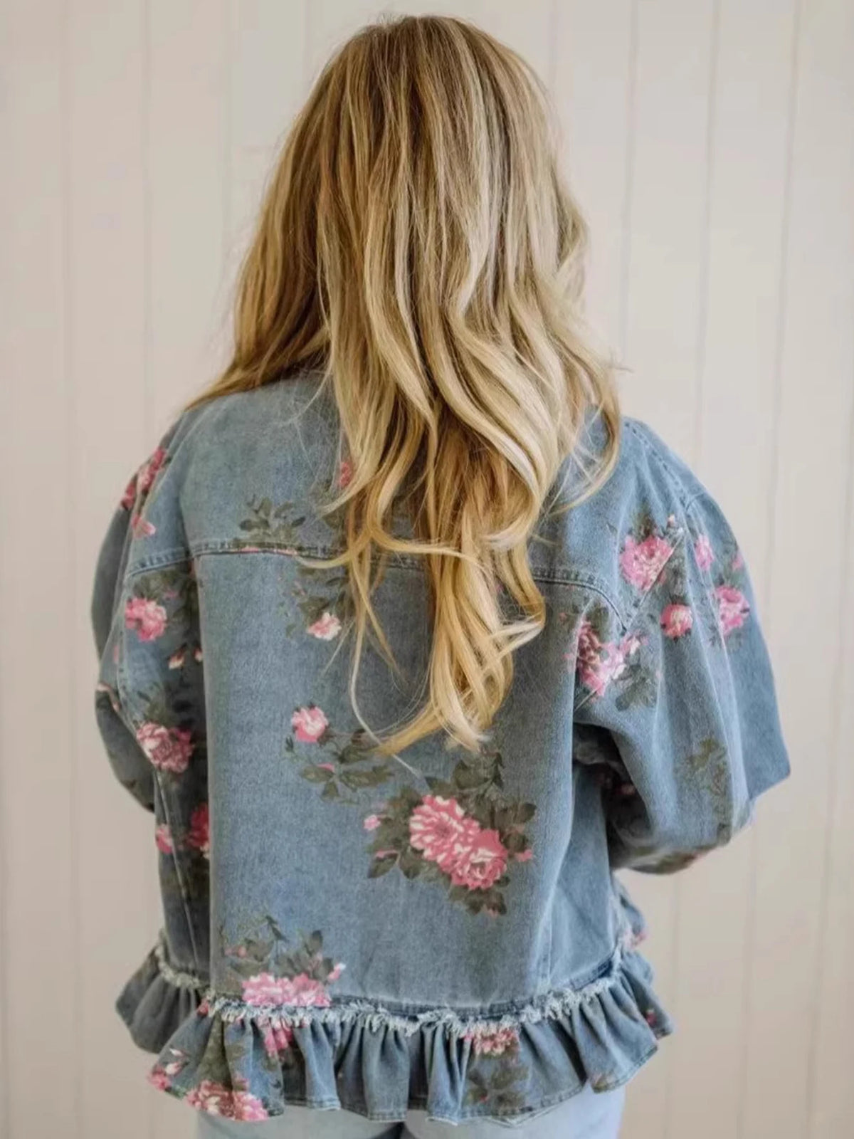 New Women's Retro Washed Floral Print Denim Jacket, Long-sleeved, Collared, Ruffled Hem, Short Jacket, Summer outfits for womener.