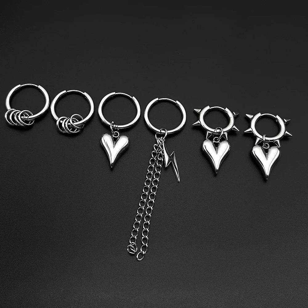 Asymmetrical Heart Lightning Bolt Hoop Earrings Punk Gothic Chain Drop Earring Stainless Steel for Women Men Edgy Y2K Jewelry
