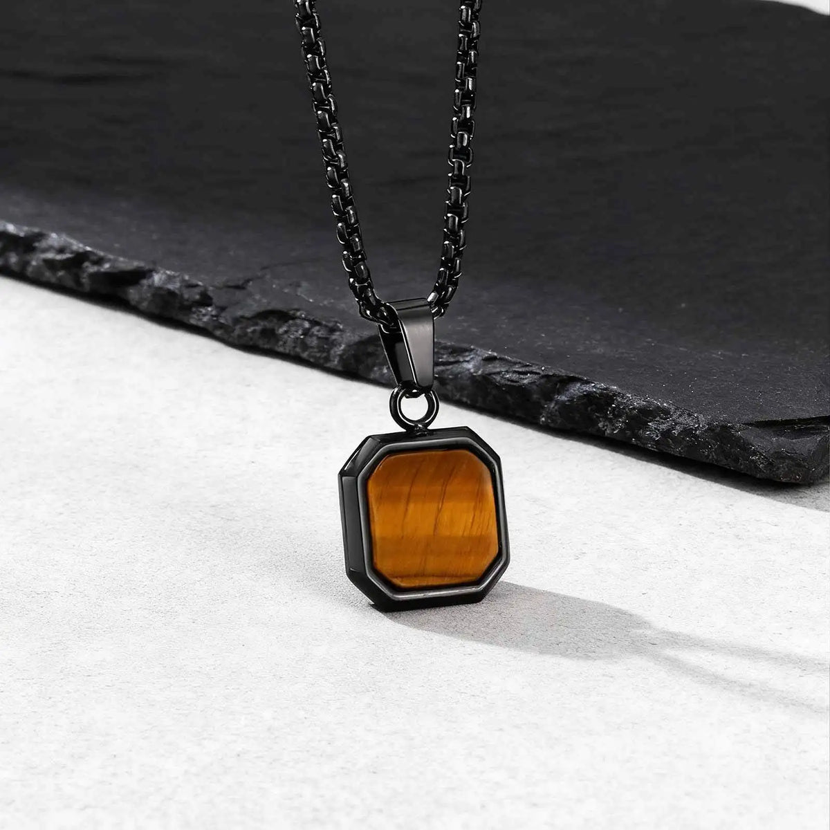 Brown Tiger Eye Stone Necklace for Men,Natural Stone Square Stainless Steel Necklace,Christmas  Anniversary Jewelry Gift