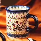 Bohemian Handmade Floral Ceramic Coffee Mug, Retro Pattern Porcelain Cup, Aesthetic Tea Mug for Latte, Cute Drinkware Gift