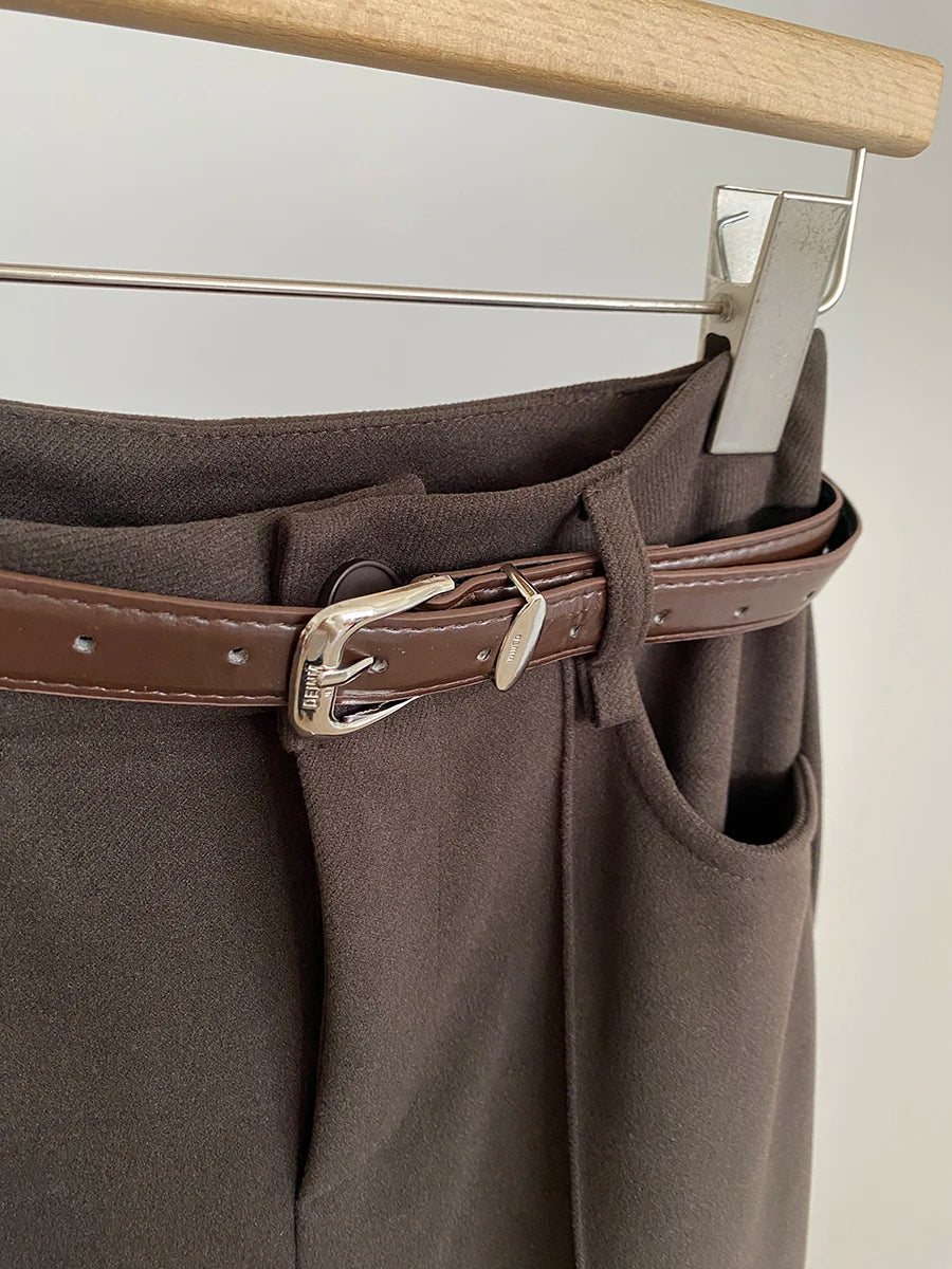 Retro design with rolled edge high waist casual pants 2025 autumn new slim fit and versatile wide leg pants for women