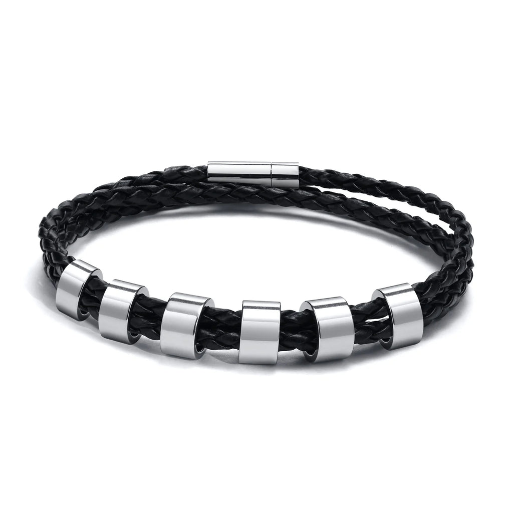 Custom 1-7 Names Multi Layer Leather Bracelet for Men,Stainless Steel Beads Handmade Braided Wristband,Gift for Father Dad