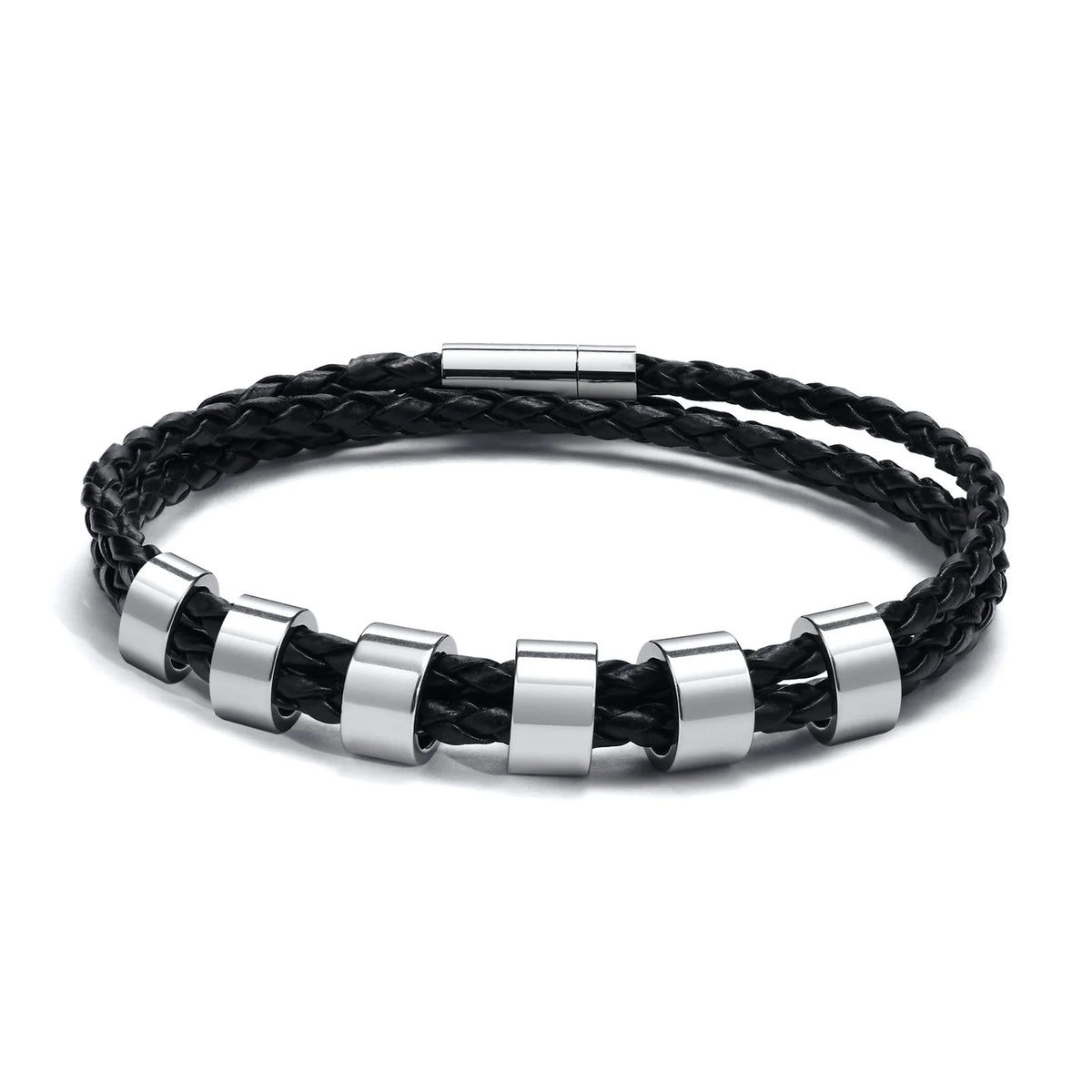 Custom 1-7 Names Multi Layer Leather Bracelet for Men,Stainless Steel Beads Handmade Braided Wristband,Gift for Father Dad