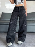 Women's American Retro Washed Niche Design Hot Diamond Black High-Waisted Jeans, Casual, Loose And Versatile Wide-Leg Pants, Trendy Straight Trousers