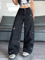 Women's American Retro Washed Niche Design Hot Diamond Black High-Waisted Jeans, Casual, Loose And Versatile Wide-Leg Pants, Trendy Straight Trousers