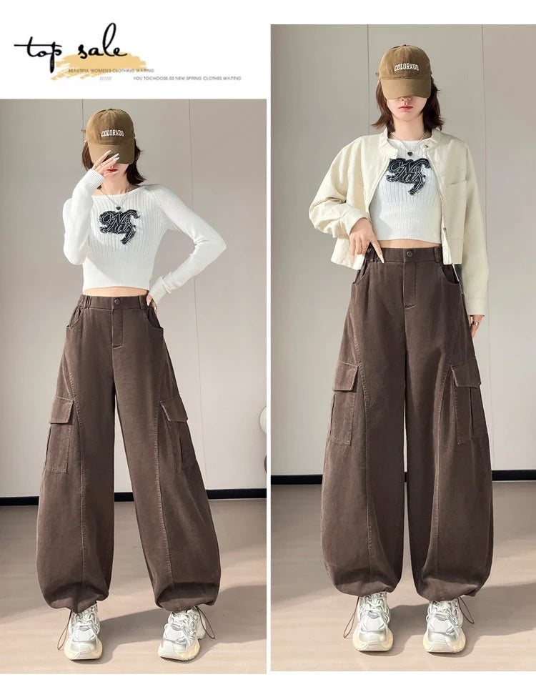 Corduroy cargo wide leg pants women in winter 2025 new high waisted loose fit slimming and ankle tied casual pants