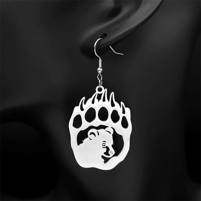 Hip Hop Animal Paw Bear Head Drop Earring for Women Stainless Steel Silver Black Color Hollow Earrings Jewelry E3492S06