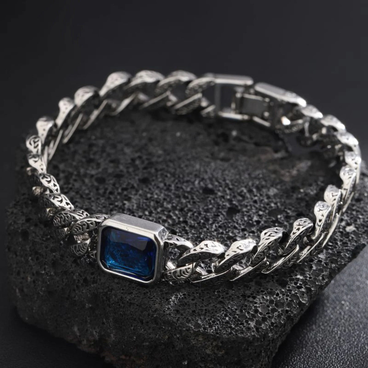 Chunky Cuban Chain Bracelets for Men Boys,Embossed Stainless Steel Chain Link Wristband with Blue Stone,Retro Jewelry Gift