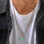 Natural Stone Square Pendant Necklace for Men Boys,Stainless Steel Turquoise Pendant,Jewelry Gift for Husband Dad Son BBF