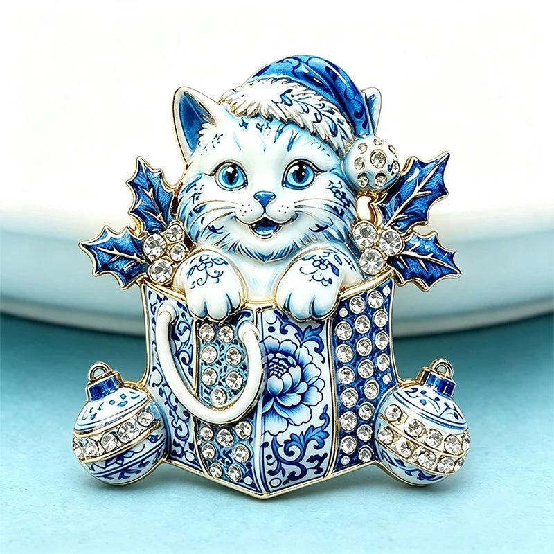 PENDRA Christmas Kitty Rhinestone Brooch