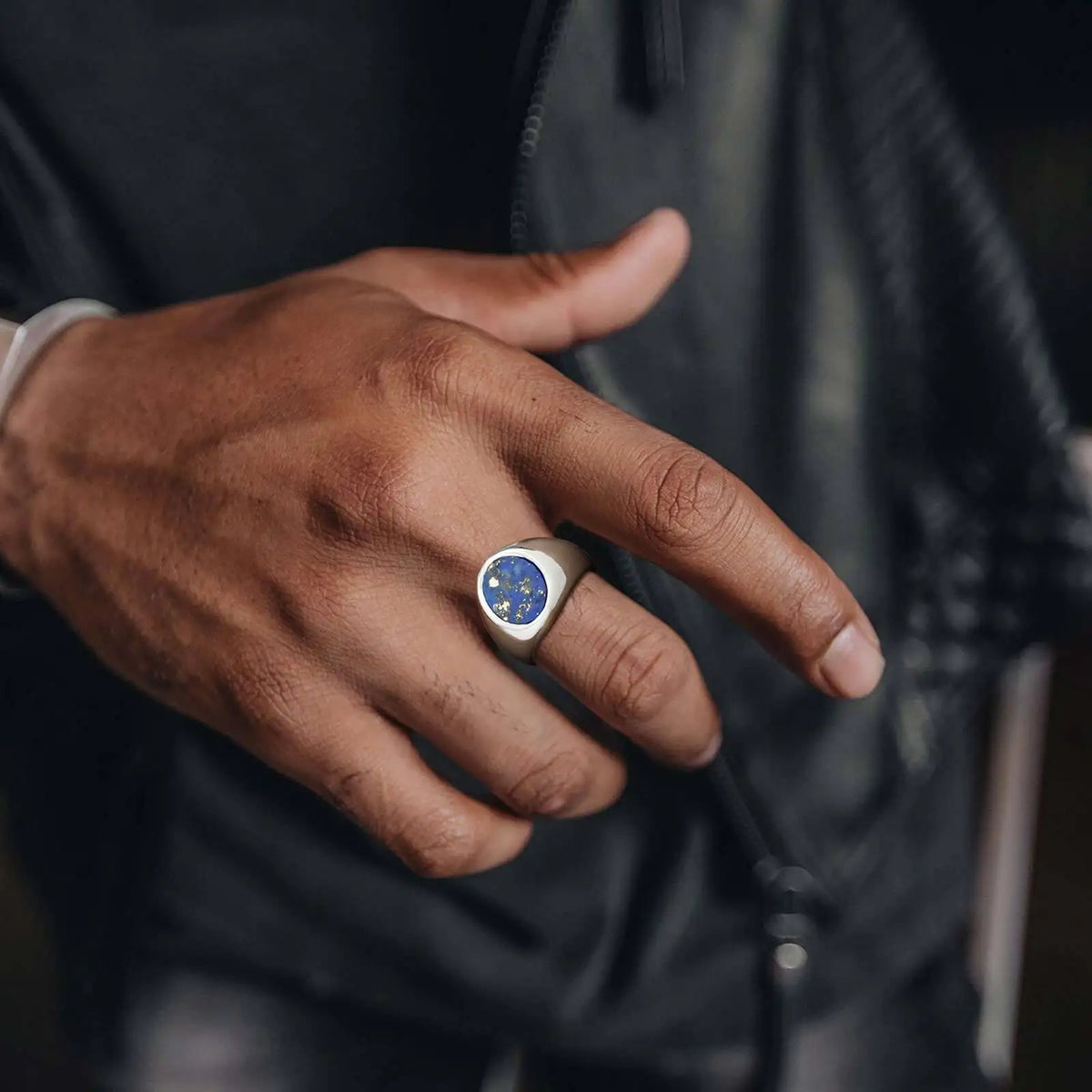 Blue Natural Stone Oval Ring for Men,Lapis Lazuli Stainless Steel Waterproof Ring,Cool Hip Hop Jewelry Gift