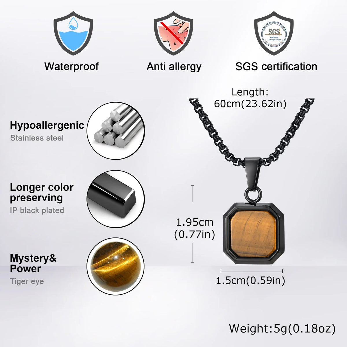 Brown Tiger Eye Stone Necklace for Men,Natural Stone Square Stainless Steel Necklace,Christmas  Anniversary Jewelry Gift