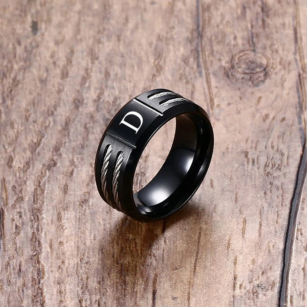 Stylish Black Mens Initial Ring, Waterproof Stainless Steel A-Z Letter Wedding Bands for Male Boys Finger Gift Jewelry