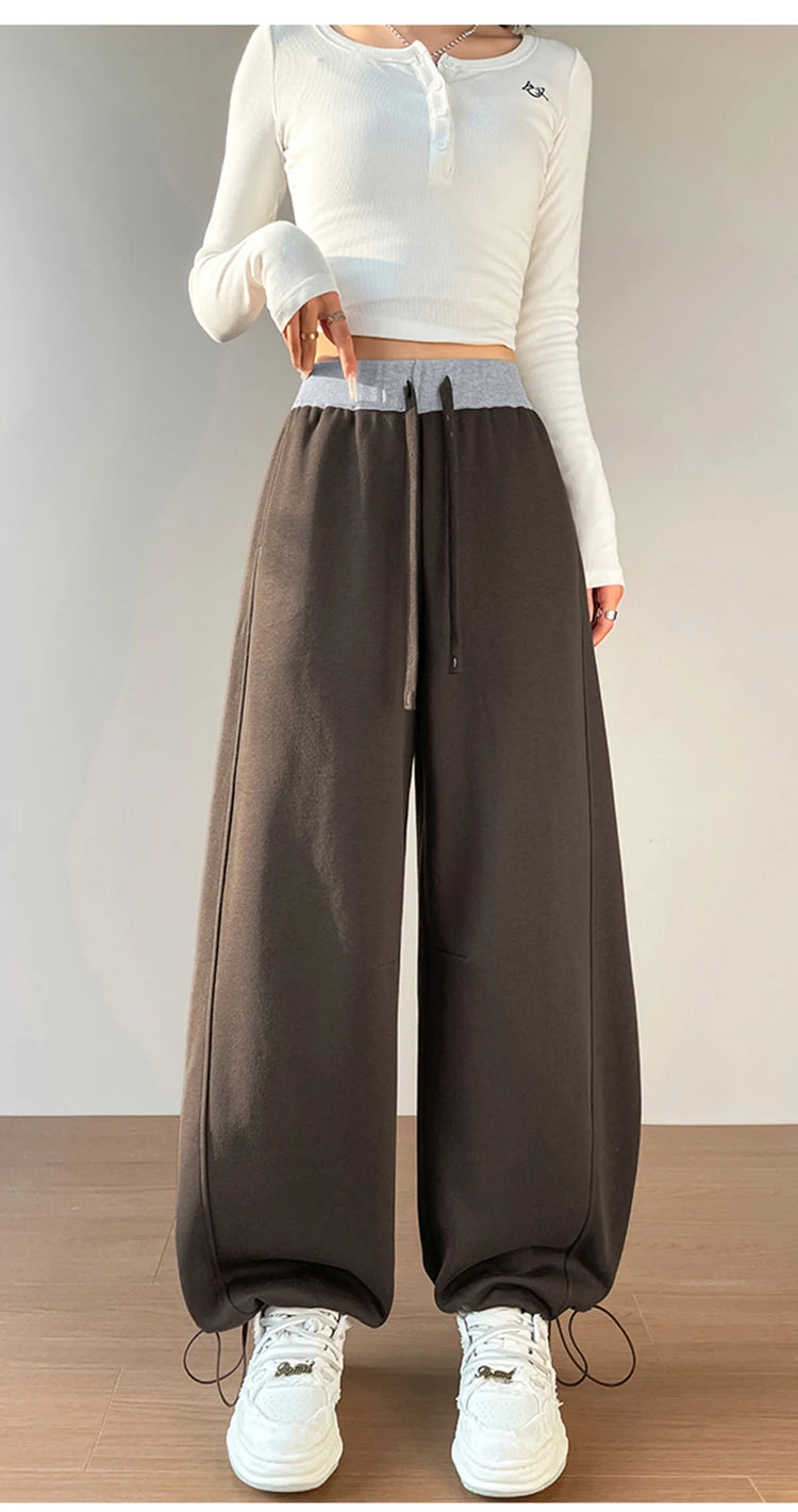 American style sports pants women in autumn and winter 2025 new style thick drawstring color blocking wide leg pants