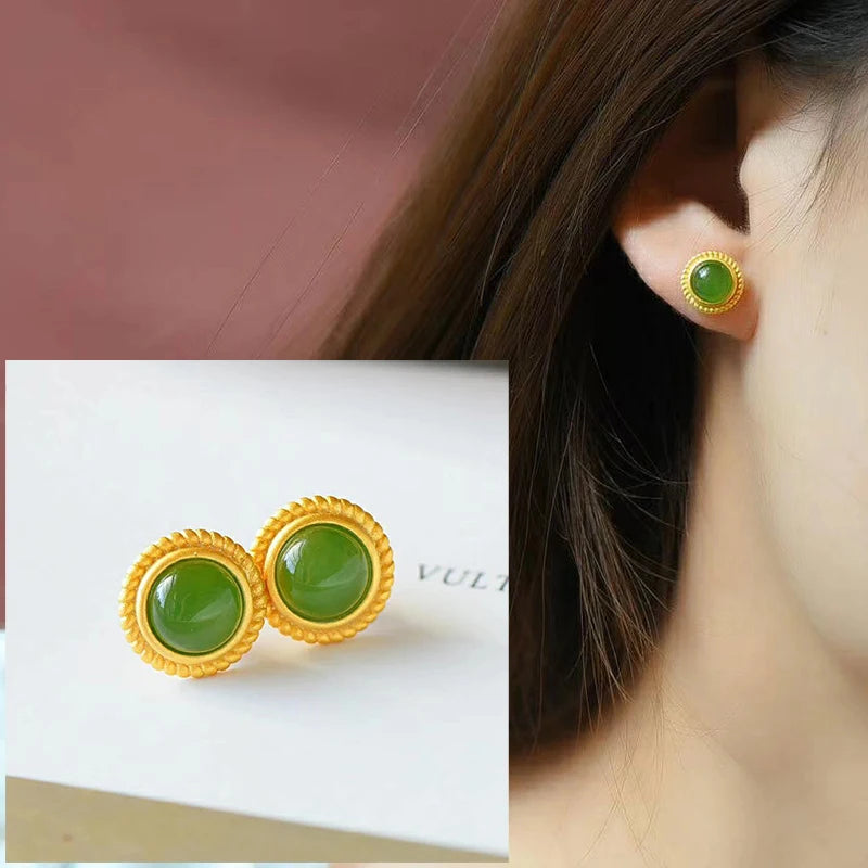 VENTFILLE Hetian Jade Ear Hook Earring Women's High-end Temperament Ethnic Style Retro Earrings Cloisonne Craft Dangler Gift