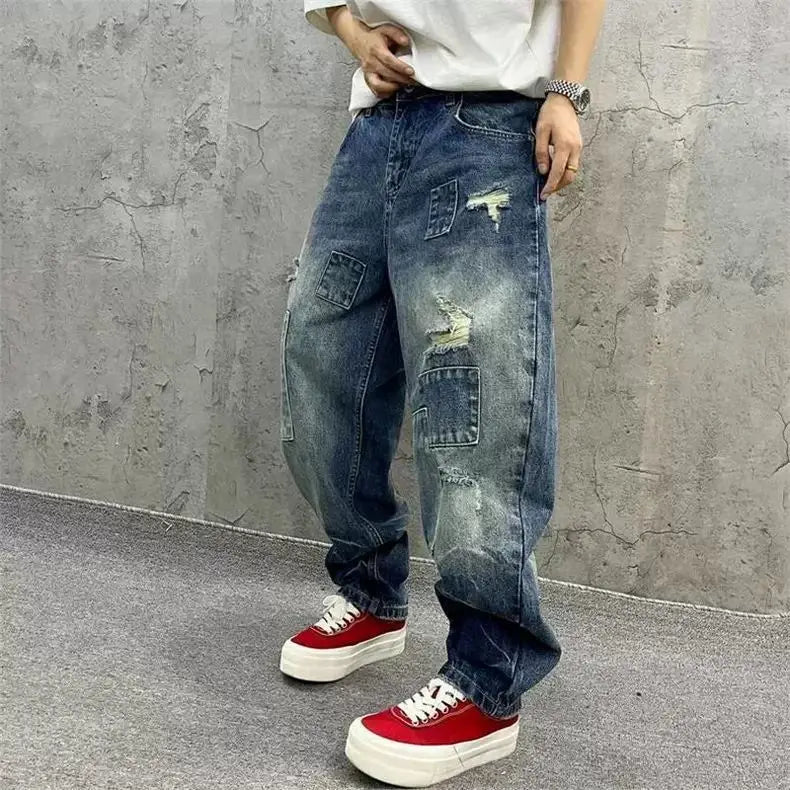 Brand Splicing Jeans Autumn Fashion Loose Straight Harem Pants Washed Tooling Baggy Trousers Low Rise Streetwear Men Cargo Jeans