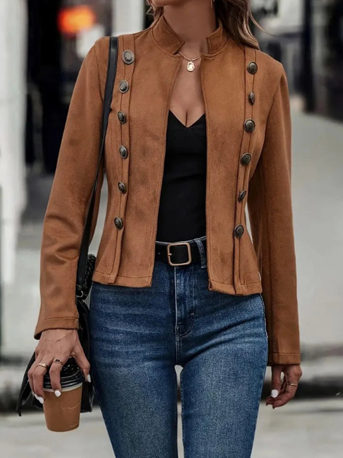 Double breasted solid color casual jacket, elegant long sleeved jacket, suitable for spring and autumn seasons