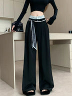 PENDRA Lace Panel High Waist Wide Leg Suit Pants