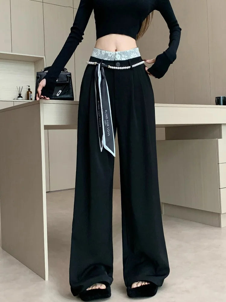 PENDRA Lace Panel High Waist Wide Leg Suit Pants