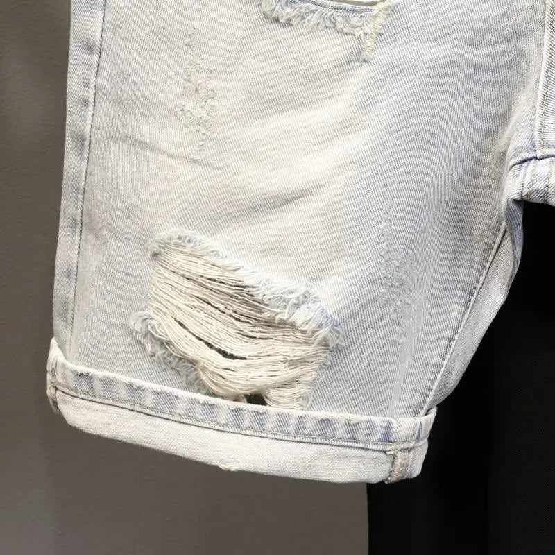 High Quality New Summer Korean Luxury Clothing Design Men's Casual Denim Shorts Distressed Cat Whisker Streetwear Short Pants