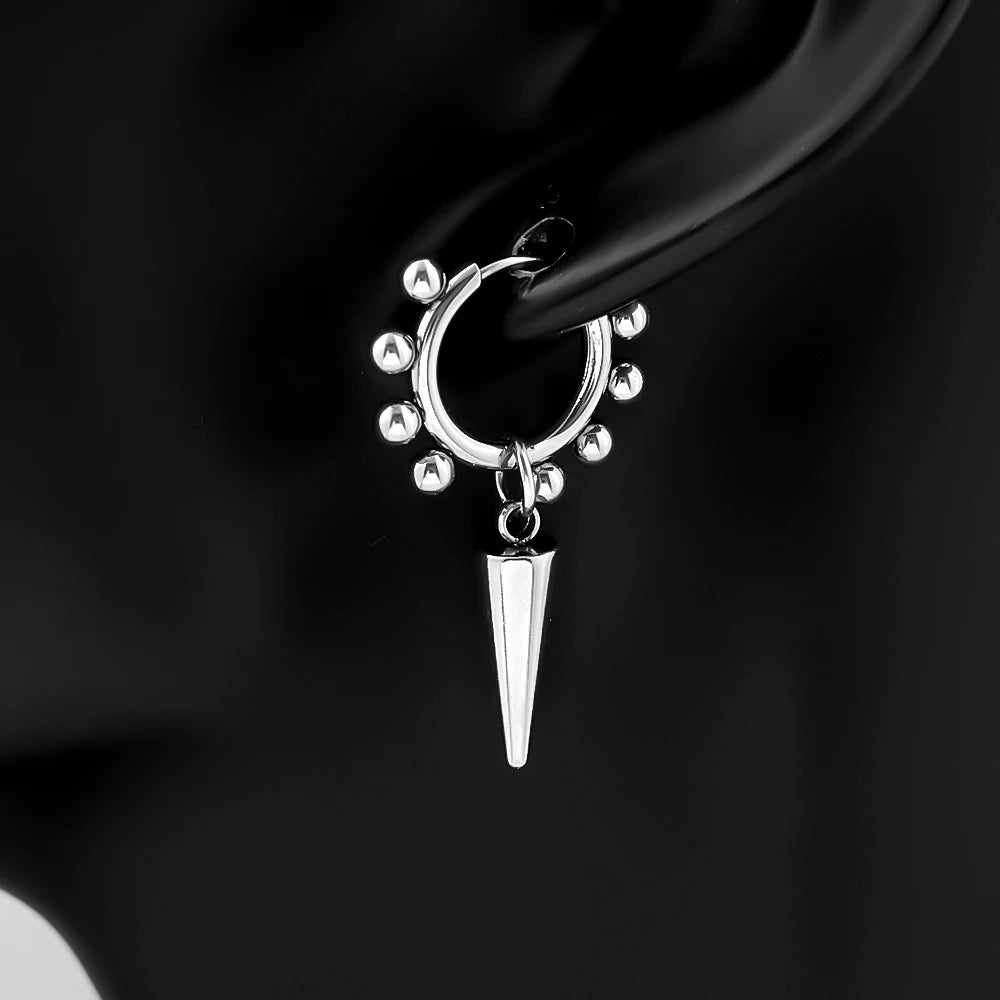 Stainless Steel Spike Cone Drop Earrings Man Punk Beaded Hoop Earrings for Men Women Gothic Hip Hop Dangle Ear Cool Jewelry Gift