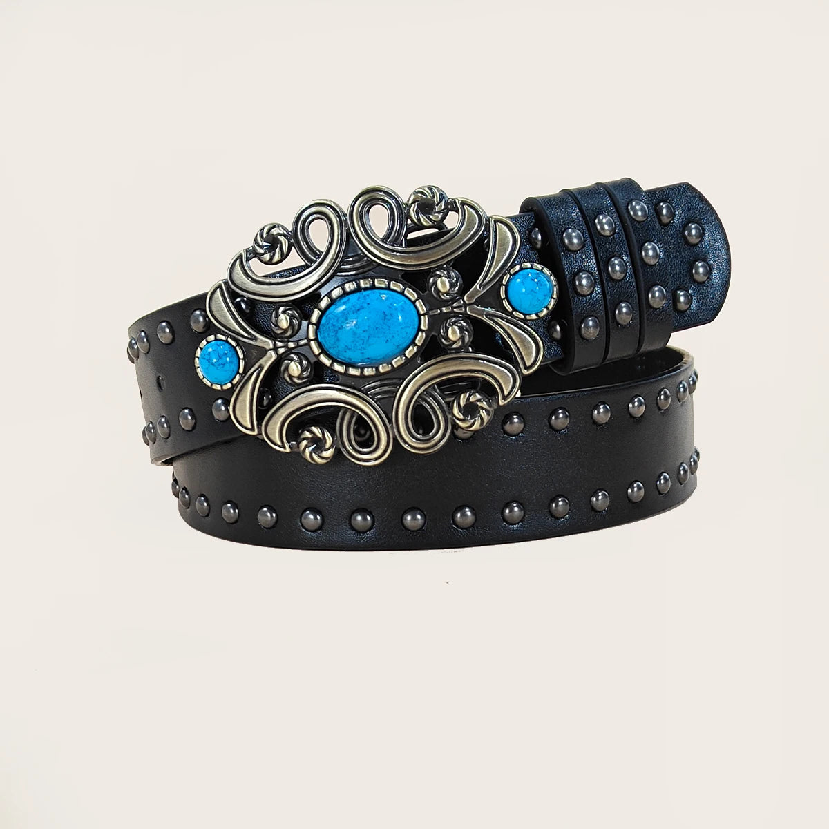 Men and Women's Casual Punk Rivet Belt Western Style PU Leather Belt with Turquoise Buckle for Daily Work Wear Gothic Jeans Belt