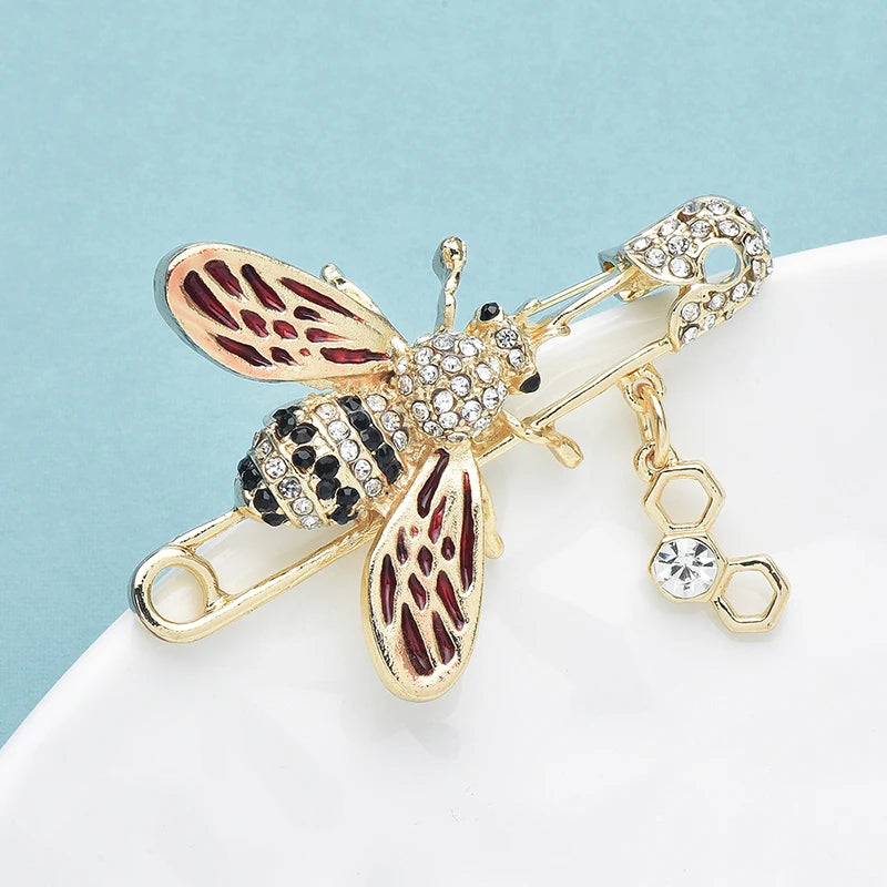 PENDRA Rhinestone Bee and Honeycomb Brooch