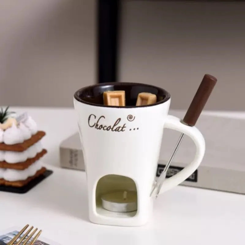 European Candle Cup Cheese Chocolate Melting Ceramic Mug Heating Food Ceramic Mug with Fork Creative Coffee Mug Tableware