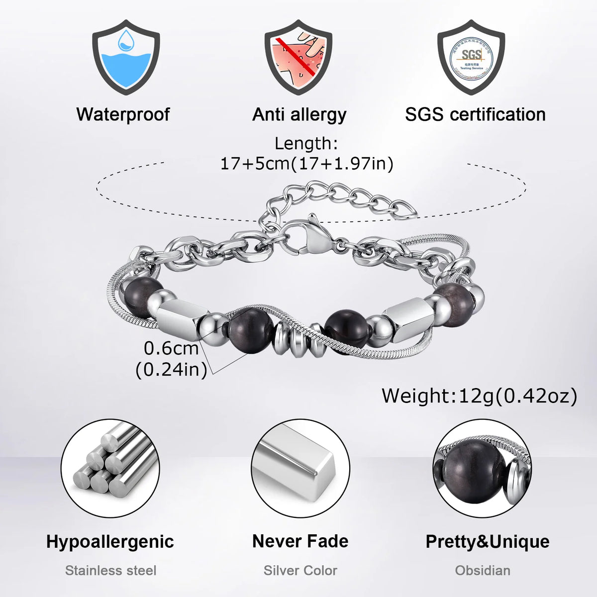 Hip Hop Natural Stone Beaded Bracelet for Men,Stainless Steel Adjustable Chain Wristband,New Stacked Jewelry Gift