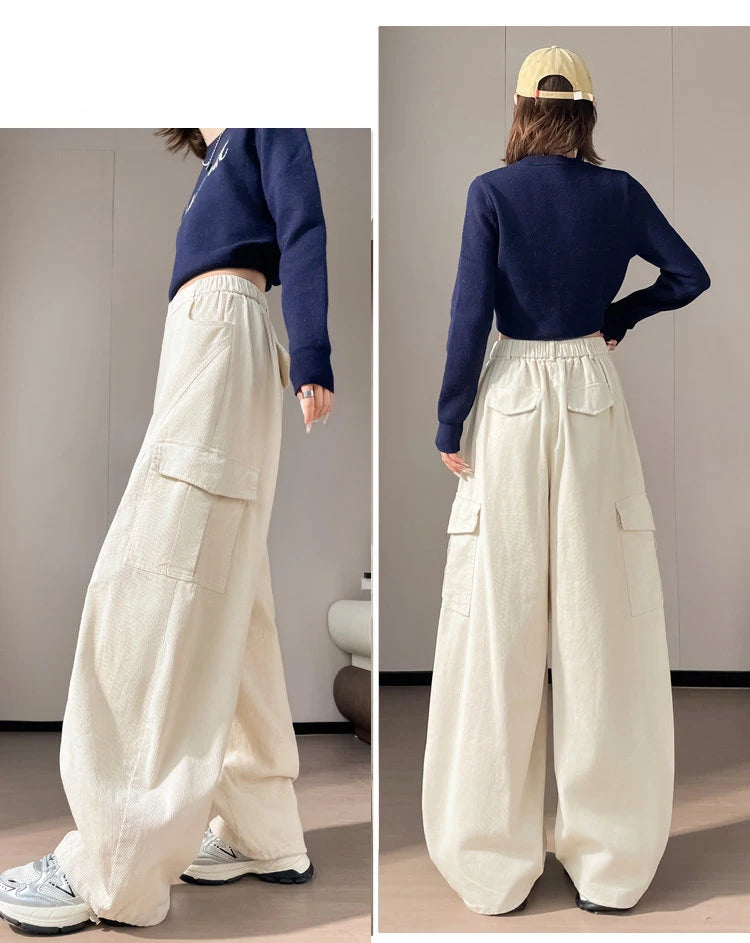Corduroy cargo wide leg pants women in winter 2025 new high waisted loose fit slimming and ankle tied casual pants