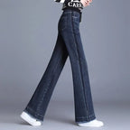 Elastic waisted denim wide leg pants women in spring and autumn new high waisted slim straight leg floor length pants