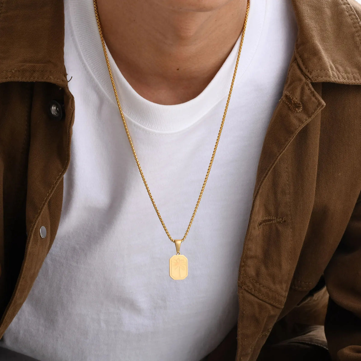 Hawaiian Tree Necklaces for Men,Stainless Steel Palm Trees Square Pendant Necklaces.Chic Stylish Jewelry Gift