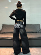 American Vintage Distressed Washed Letter Embroidery Loose Jeans Y2K Street Fashion Versatile Black Wide-Leg Pants For Women